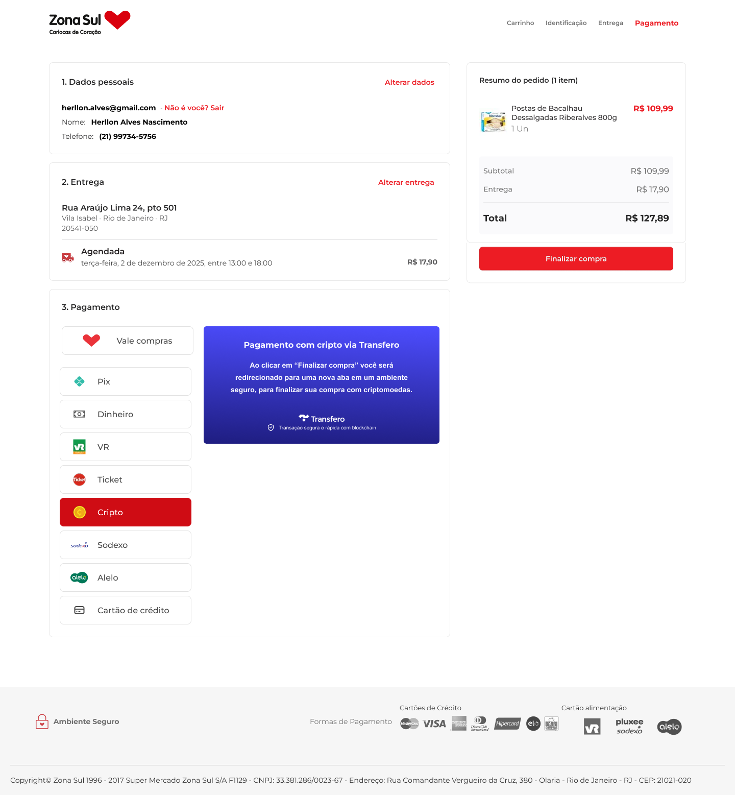 Checkout Zona Sul: seleção cripto